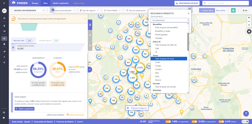 imagen de la plataforma de Foodradar de Delectatech, donde se muestran los establecimientos que forman parte del crm de un cliente para una determinada segmentación.