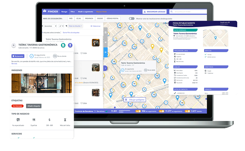 ilustración que muestra las distintas funciones para prospectar clientes horeca en la app de Delectatech