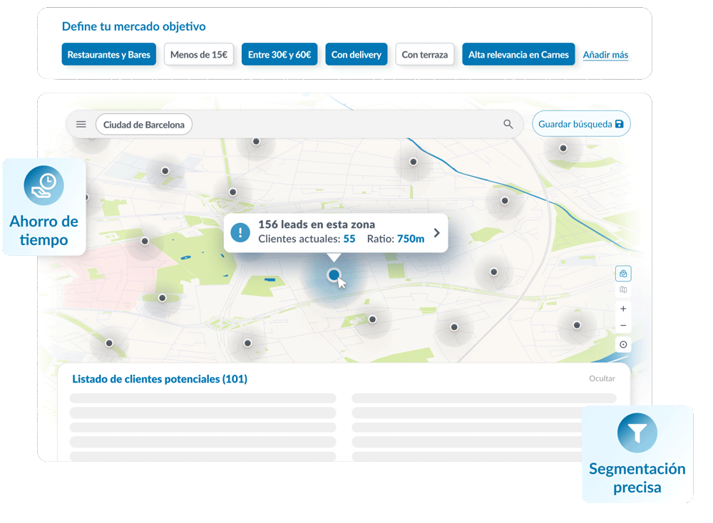 app de Delectatech mostrando un mapa con todos los leads horeca disponibles en una determinada zona.